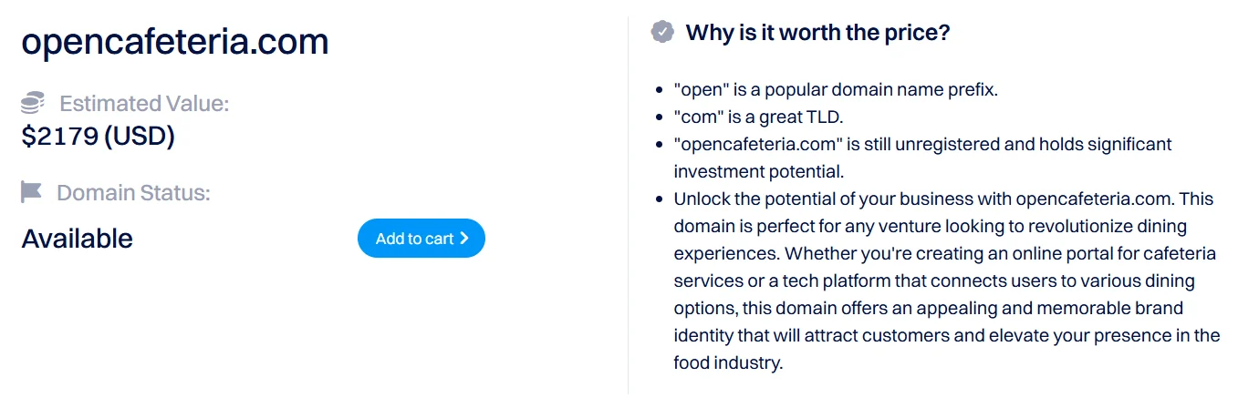 On our list: opencafeteria.com, available and appraised at $2,179.